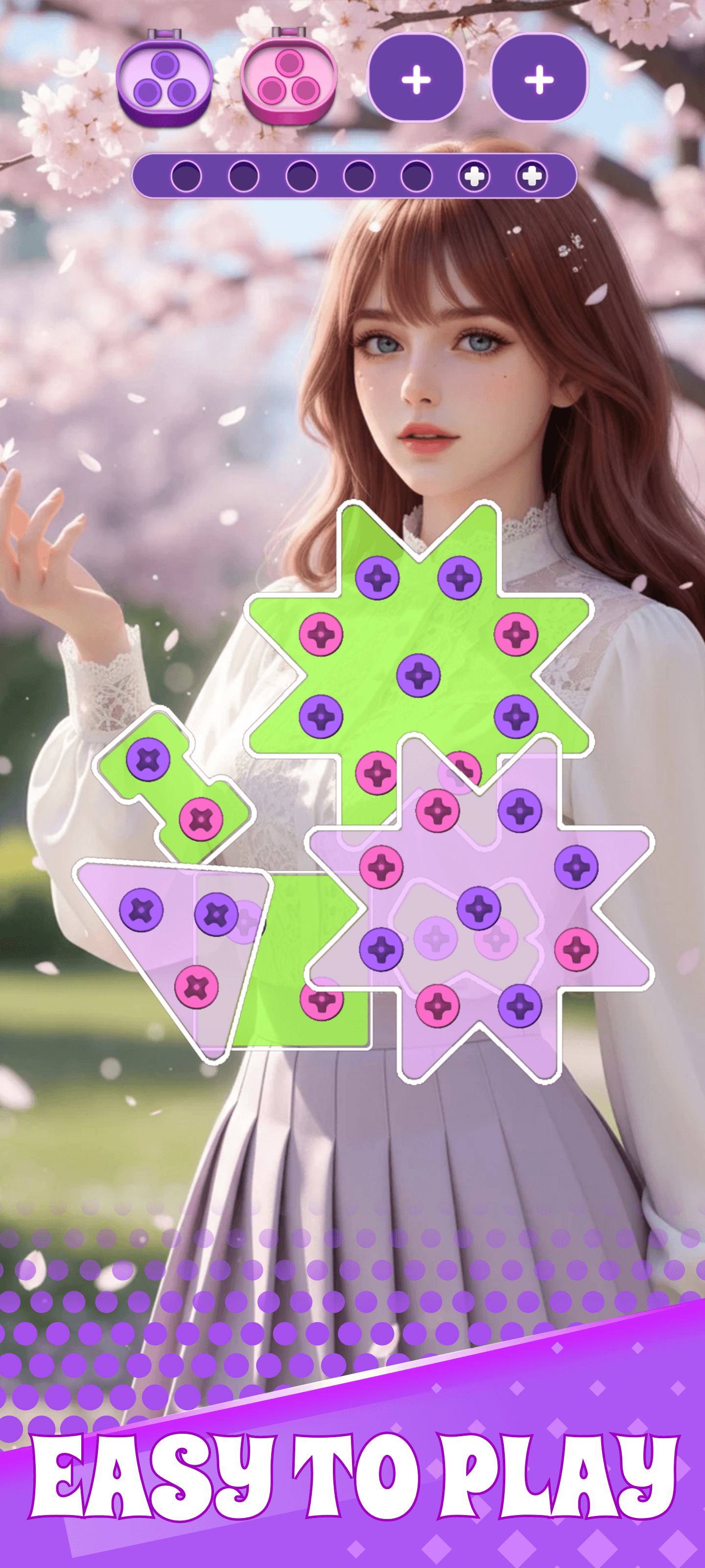 Happy Screw Girl store artwork showing a screw puzzle over a character illustration